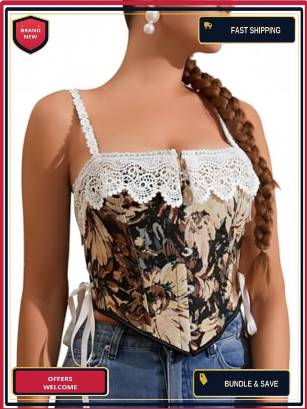 Women's Vintage Lace Trim Corset Bustier Lace-Up Back Renaissance Style